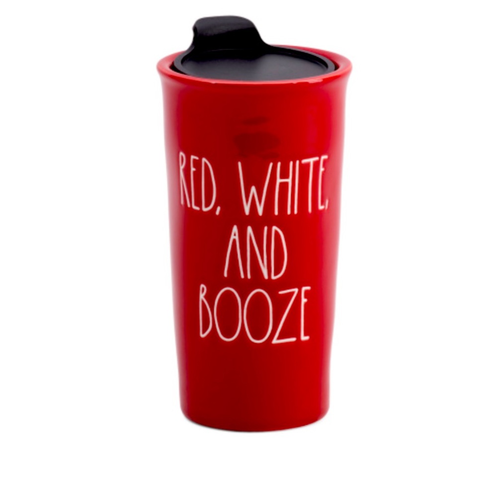 New Rae Dunn Red, White, and Booze travel mug with lid.